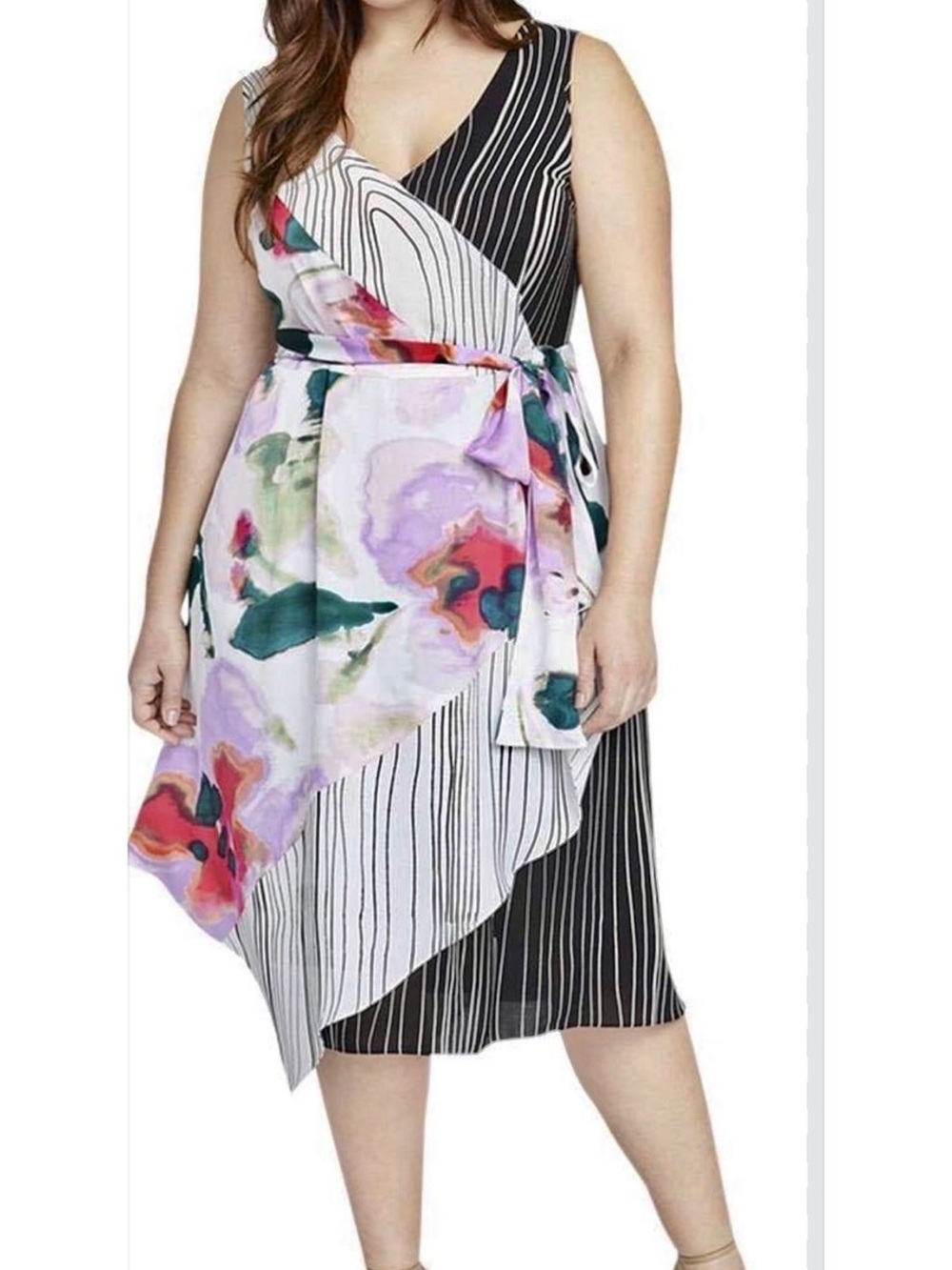 Rachael Roy Floral & Striped Wrap Dress in Black and Multi
